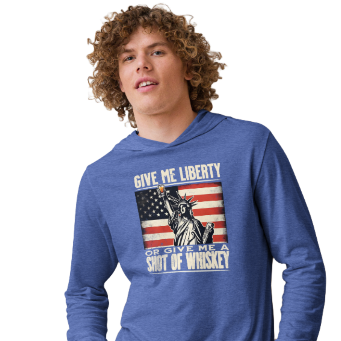 Rock your 4th of July in our lightweight hoodie with the Statue of Liberty & whiskey design. Perfect for celebrating in style and comfort.