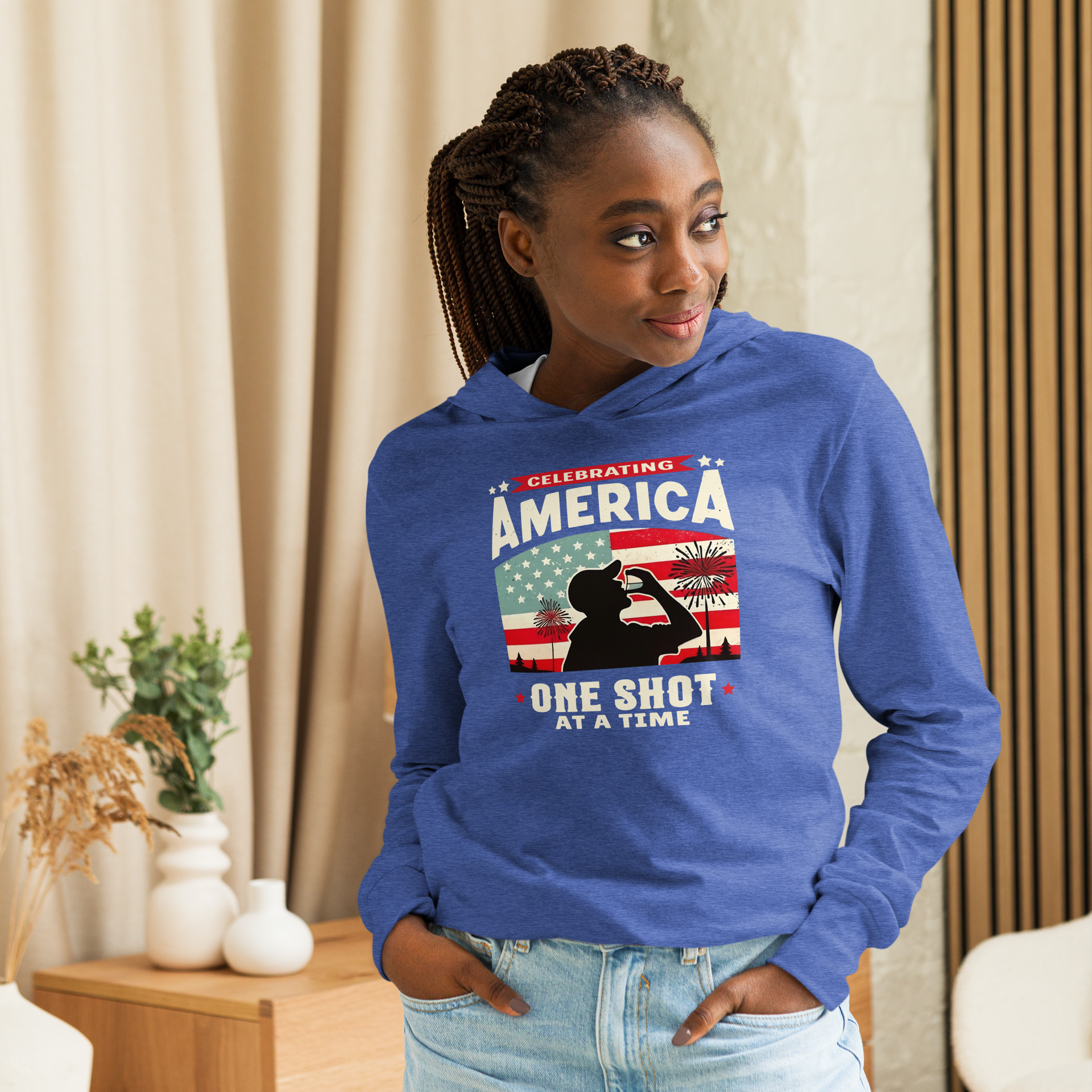 Gear up for Independence Day with our unique lightweight hoodie, featuring a patriotic design for memorable 4th of July celebrations and cool nights.