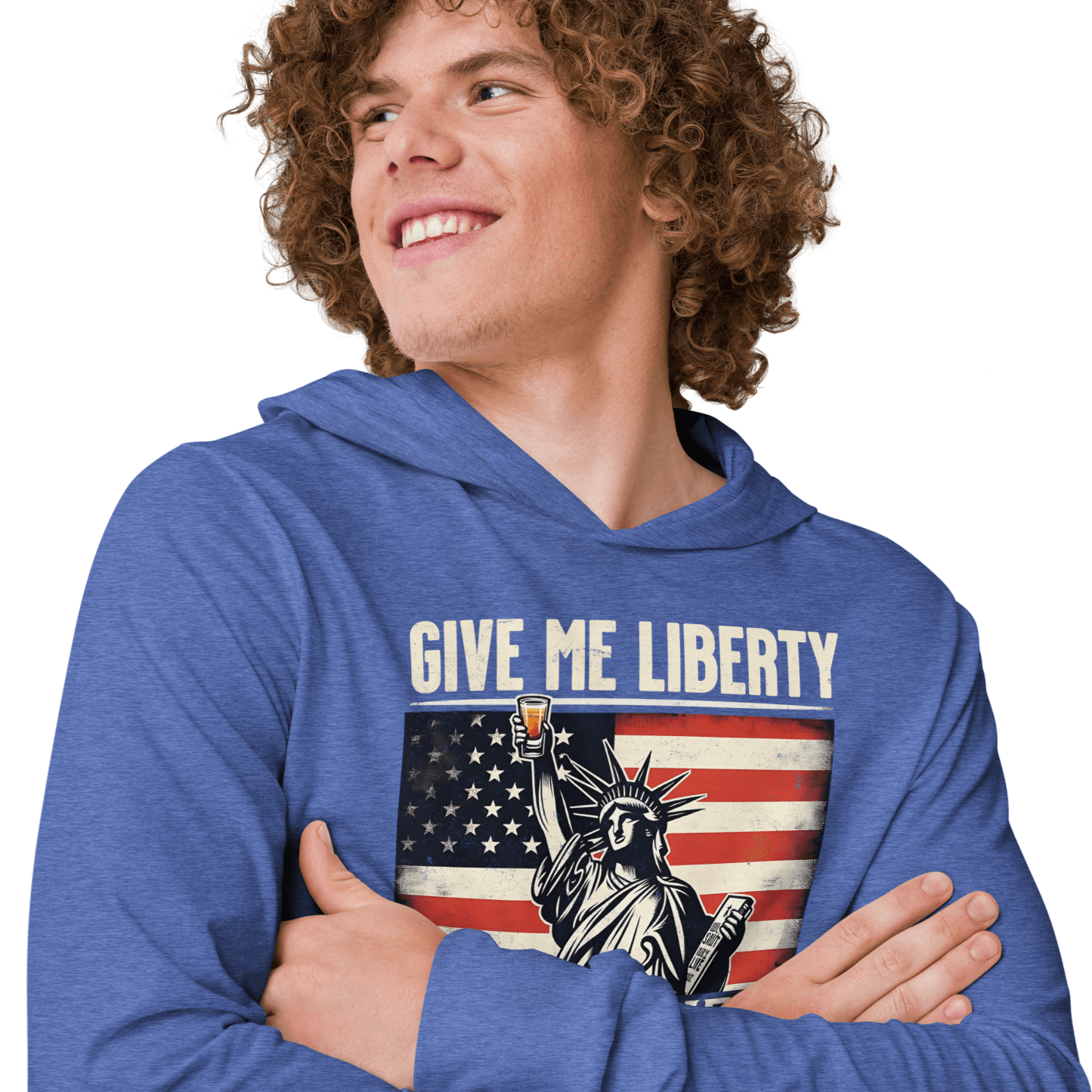 Lightweight hoodie with Give Me Liberty or Give Me a Shot of Tequila text, Statue of Liberty holding a shot glass, and distressed American flag background. Perfect for 4th of July.