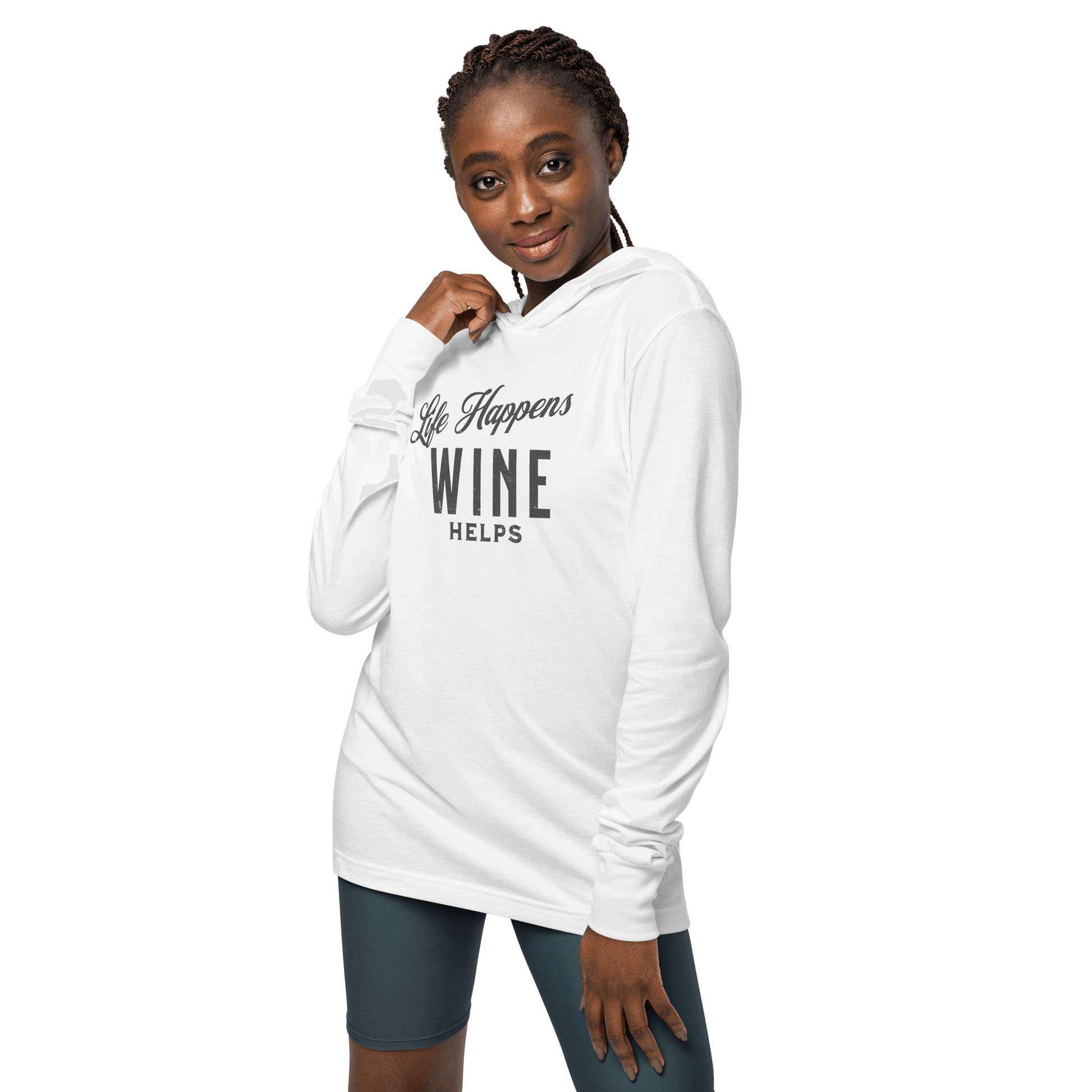 "Life Happens Wine Helps" Hoodie - Funny ApparelStay comfy with our lightweight hoodie. Perfect for layering, made from soft materials. Ideal funny apparel for everyday style.