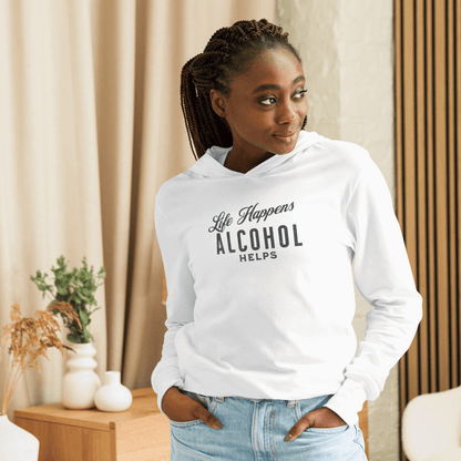Life Happens Alcohol Helps Lightweight Hoodie - Stay Cozy! Elevate your style with our funny drinking-themed Life Happens Whiskey Helps lightweight hoodie. Perfect for layering and unrestricted comfort all year round.