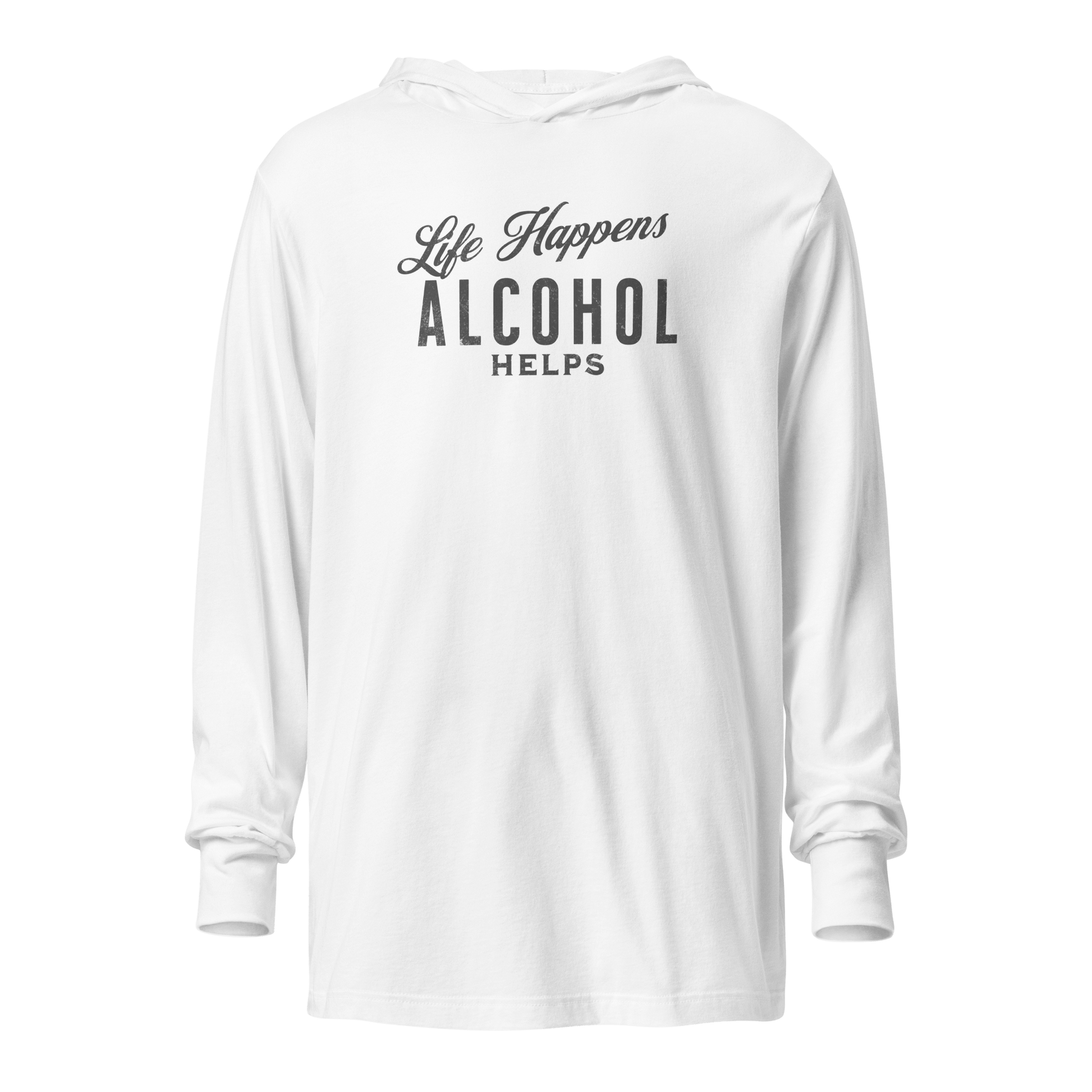 Life Happens Alcohol Helps Lightweight Hoodie - Stay Cozy! Elevate your style with our funny drinking-themed Life Happens Whiskey Helps lightweight hoodie. Perfect for layering and unrestricted comfort all year round.