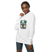 Lightweight hoodie with beach scene, woman holding cocktail, in 'Sun, Sand, and a Drink in My Hand' design.