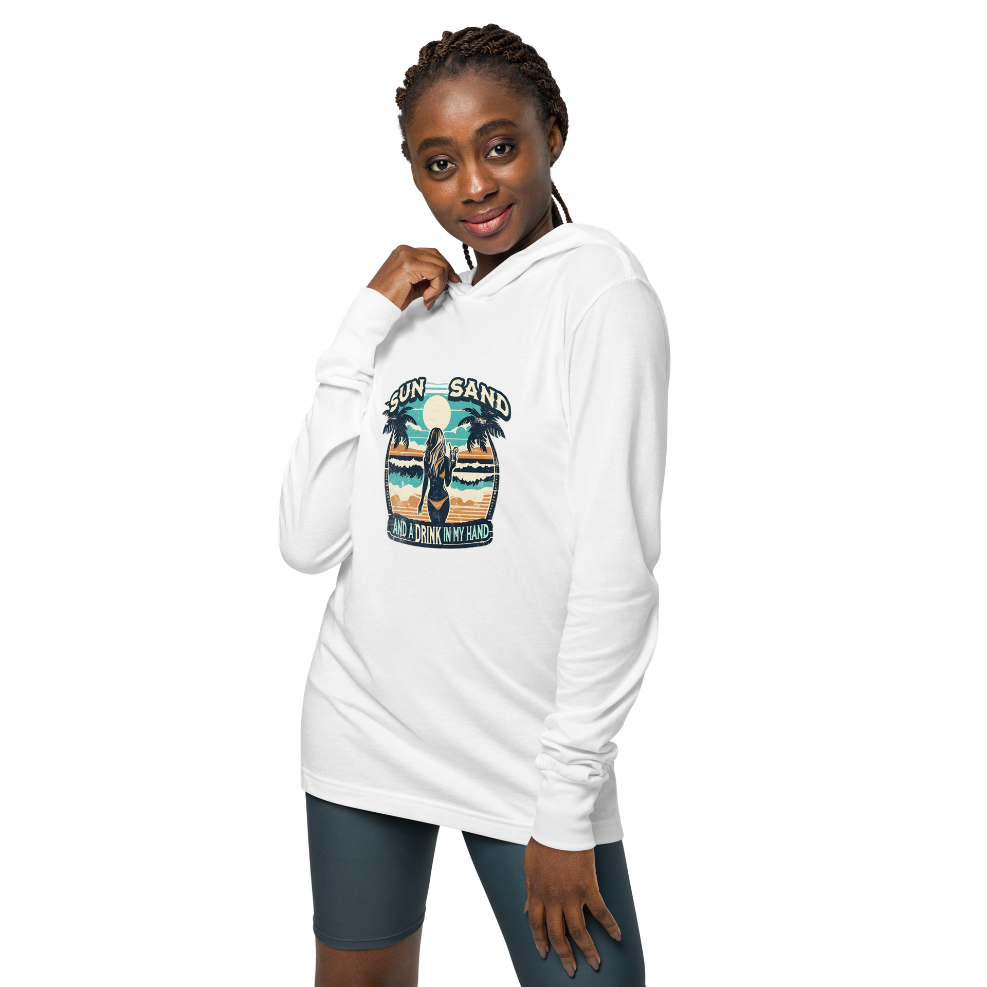 Lightweight hoodie with beach scene, woman holding cocktail, in 'Sun, Sand, and a Drink in My Hand' design.