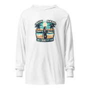 Lightweight hoodie with beach scene, woman holding cocktail, in 'Sun, Sand, and a Drink in My Hand' design.