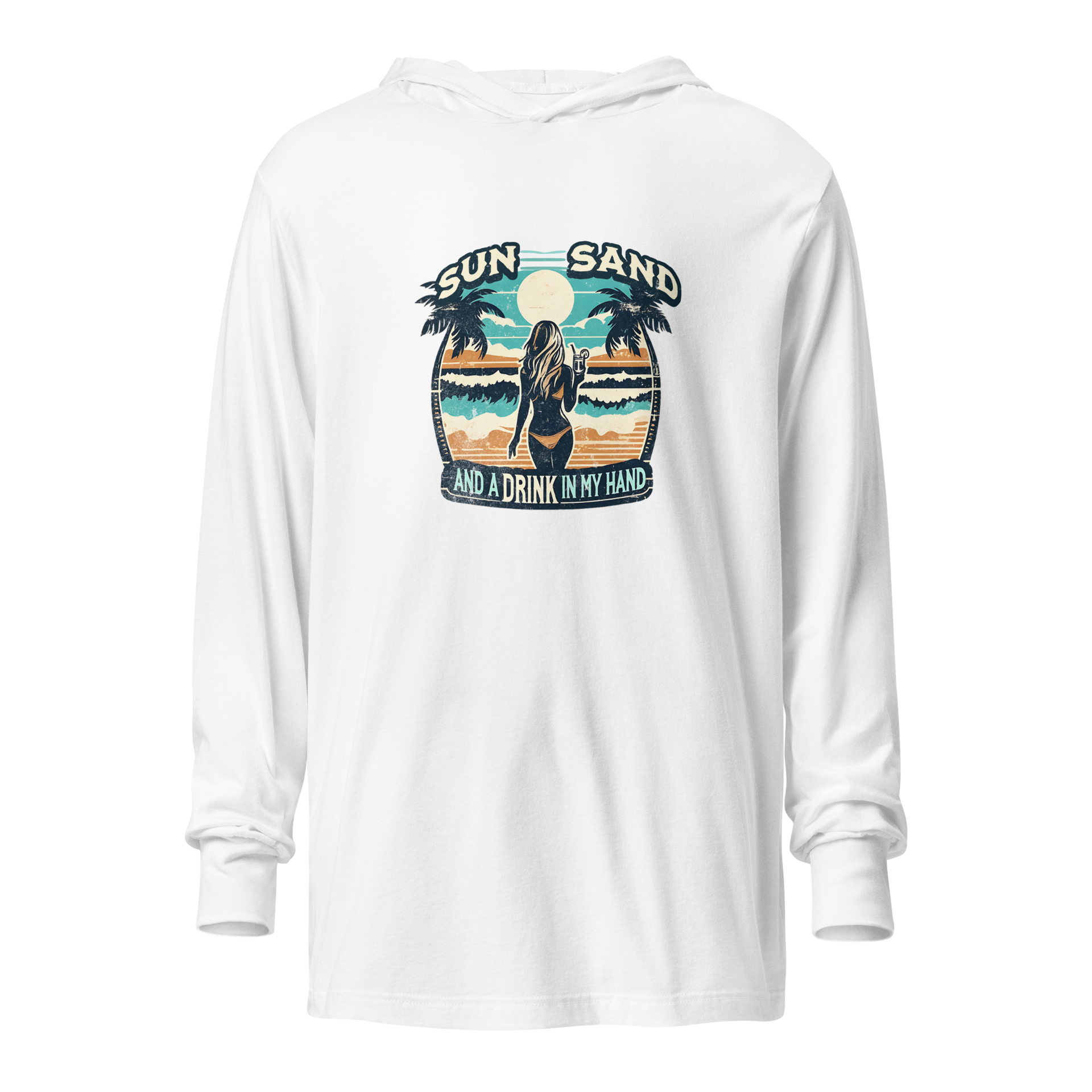 Lightweight hoodie with beach scene, woman holding cocktail, in 'Sun, Sand, and a Drink in My Hand' design.