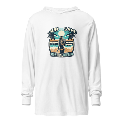 Lightweight hoodie with beach scene, woman holding cocktail, in 'Sun, Sand, and a Drink in My Hand' design.