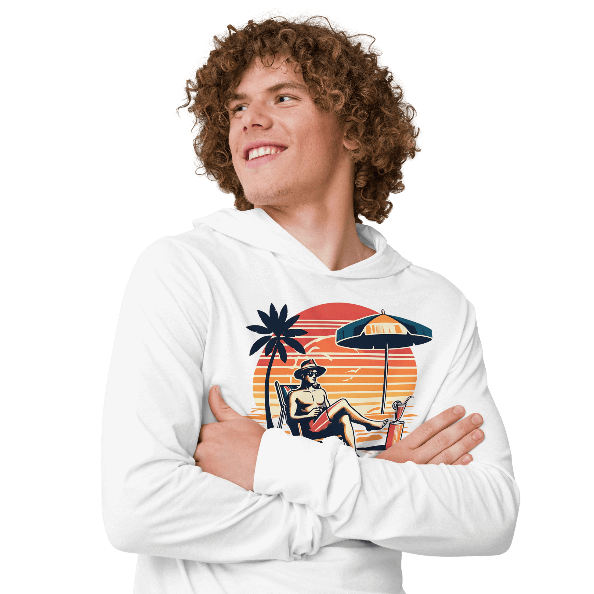 Lightweight hoodie with a retro design of a man in a beach chair with a cocktail, embodying the 'Sorry, Out of Office' message.