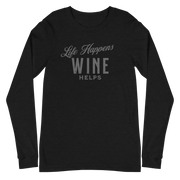 Life Happens Wine Helps Tee - Funny Drinking ApparelAdd fun to your wardrobe with our Life Happens Wine Helps Long Sleeve Tee. Perfect for all occasions. Shop now for a touch of humor and style!