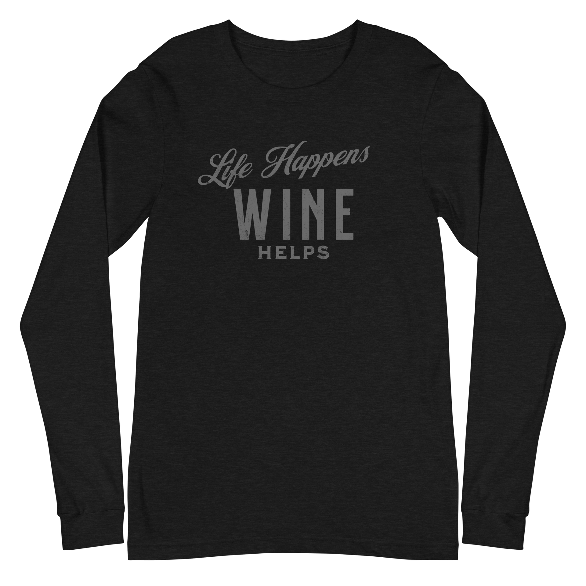 Life Happens Wine Helps Tee - Funny Drinking ApparelAdd fun to your wardrobe with our Life Happens Wine Helps Long Sleeve Tee. Perfect for all occasions. Shop now for a touch of humor and style!