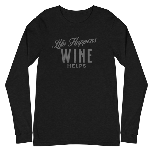 Life Happens Wine Helps Tee - Funny Drinking ApparelAdd fun to your wardrobe with our Life Happens Wine Helps Long Sleeve Tee. Perfect for all occasions. Shop now for a touch of humor and style!