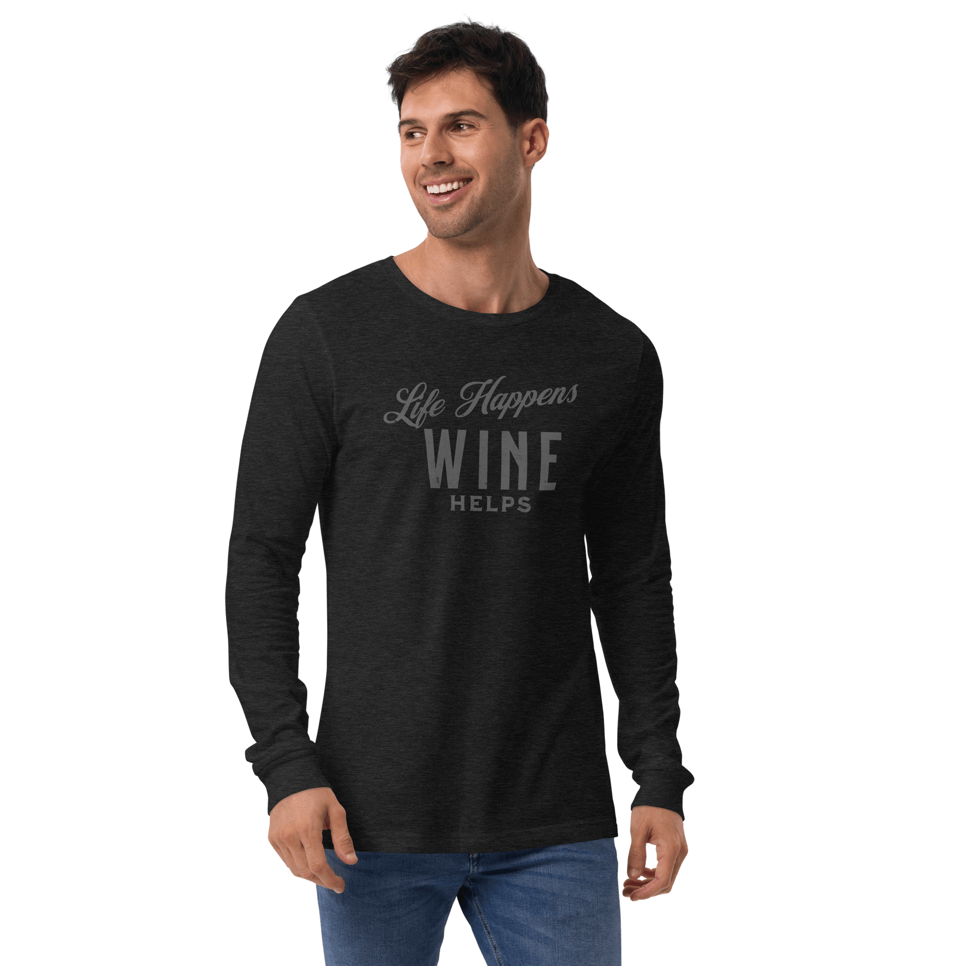 Life Happens Wine Helps Tee - Funny Drinking ApparelAdd fun to your wardrobe with our Life Happens Wine Helps Long Sleeve Tee. Perfect for all occasions. Shop now for a touch of humor and style!