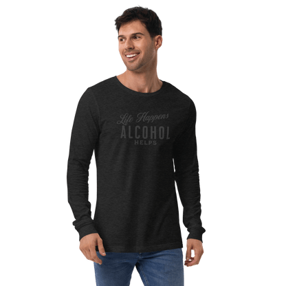 "Life Happens Alcohol Helps" Funny Long Sleeve Tee Elevate your style with our versatile & funny "Life Happens Alcohol Helps" Tee. Perfect with jeans or chinos for a laugh everywhere you go.