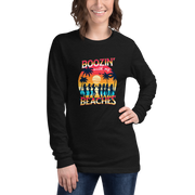 Silhouettes of women with cocktails on the beach, on 'Boozin' with My Beaches' long sleeve tee.