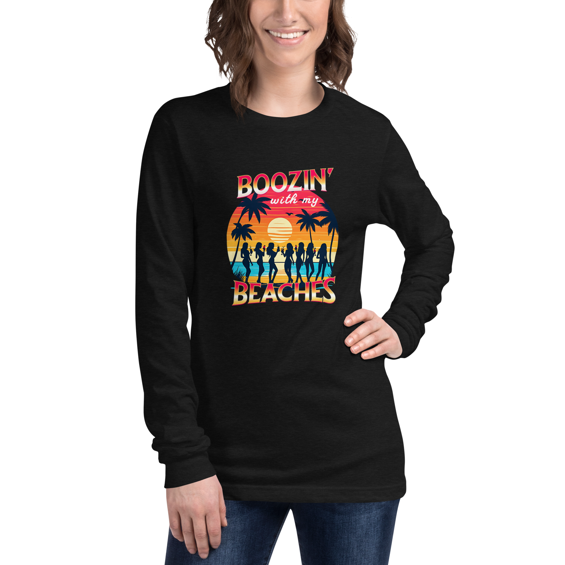 Silhouettes of women with cocktails on the beach, on 'Boozin' with My Beaches' long sleeve tee.