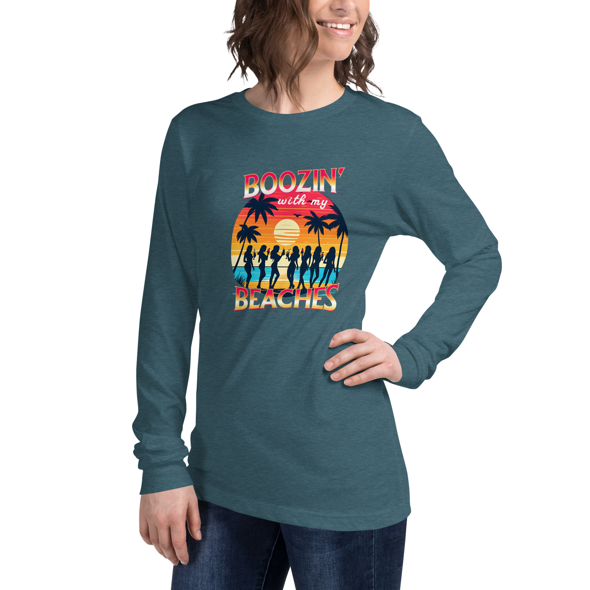 Silhouettes of women with cocktails on the beach, on 'Boozin' with My Beaches' long sleeve tee.