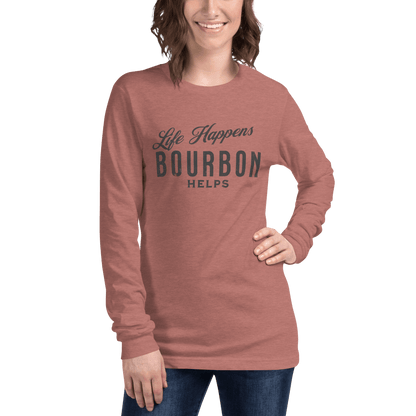 Life Happens Bourbon Helps Tee: Long Sleeve Versatility BOURBON,DRINKING,LONG SLEEVE TEE,MENS,New,UNISEX,WOMENS Dayzzed Apparel