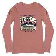 Long sleeve boating tee with 'Boats are like strippers, they work until you quit throwing $100 bills at them' phrase and peaceful lake scene