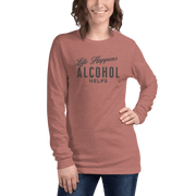 "Life Happens Alcohol Helps" Funny Long Sleeve Tee Elevate your style with our versatile & funny "Life Happens Alcohol Helps" Tee. Perfect with jeans or chinos for a laugh everywhere you go.