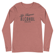 "Life Happens Alcohol Helps" Funny Long Sleeve Tee Elevate your style with our versatile & funny "Life Happens Alcohol Helps" Tee. Perfect with jeans or chinos for a laugh everywhere you go.