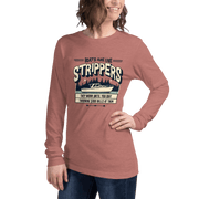 Long sleeve boating tee with 'Boats are like strippers, they work until you quit throwing $100 bills at them' phrase and peaceful lake scene