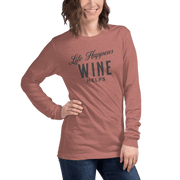 Life Happens Wine Helps Tee - Funny Drinking ApparelAdd fun to your wardrobe with our Life Happens Wine Helps Long Sleeve Tee. Perfect for all occasions. Shop now for a touch of humor and style!