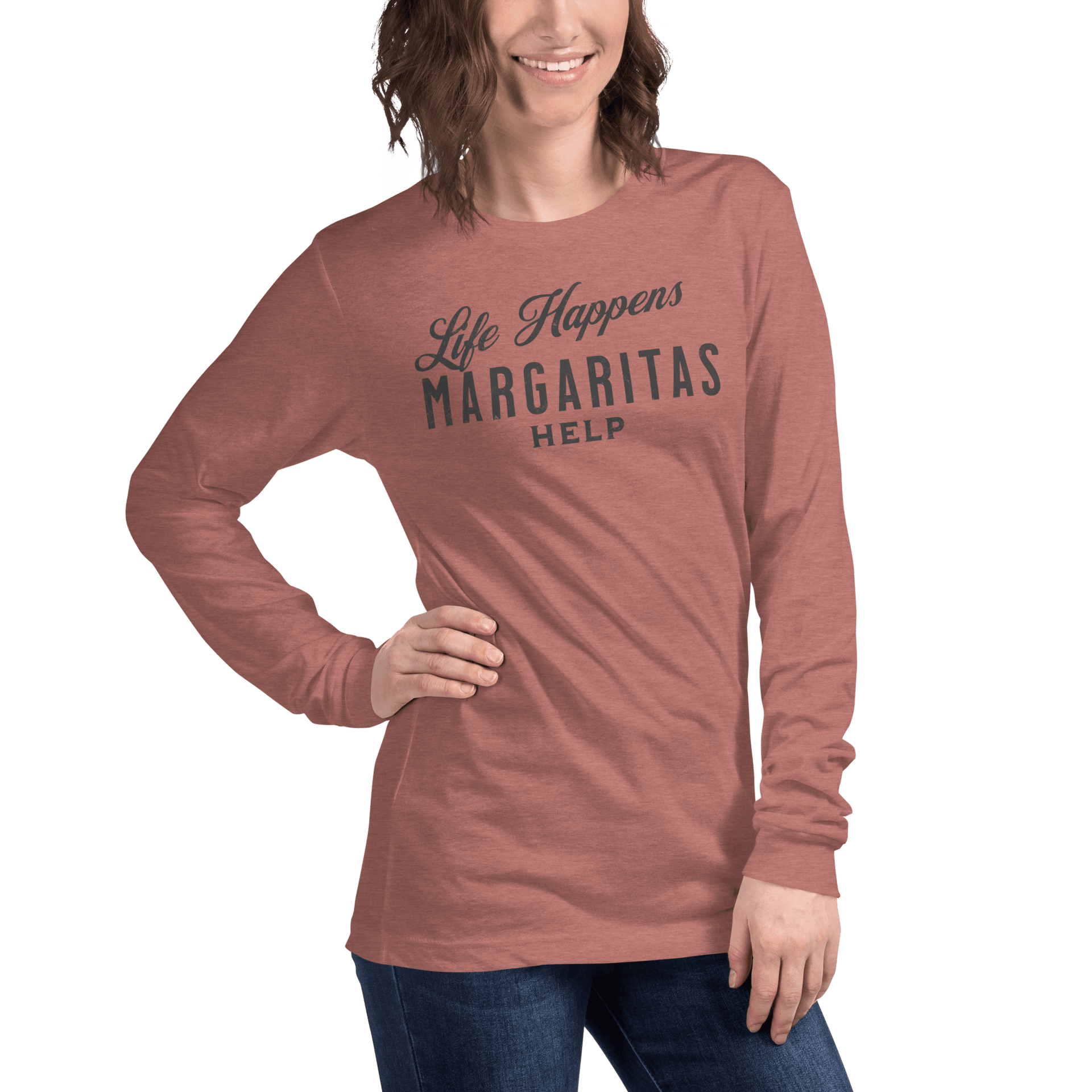 Life Happens Margaritas Help Tee | Versatile Long SleeveElevate any outfit with our Life Happens Margaritas Long Sleeve Tee. Perfect for casual outings. 100% cotton comfort.