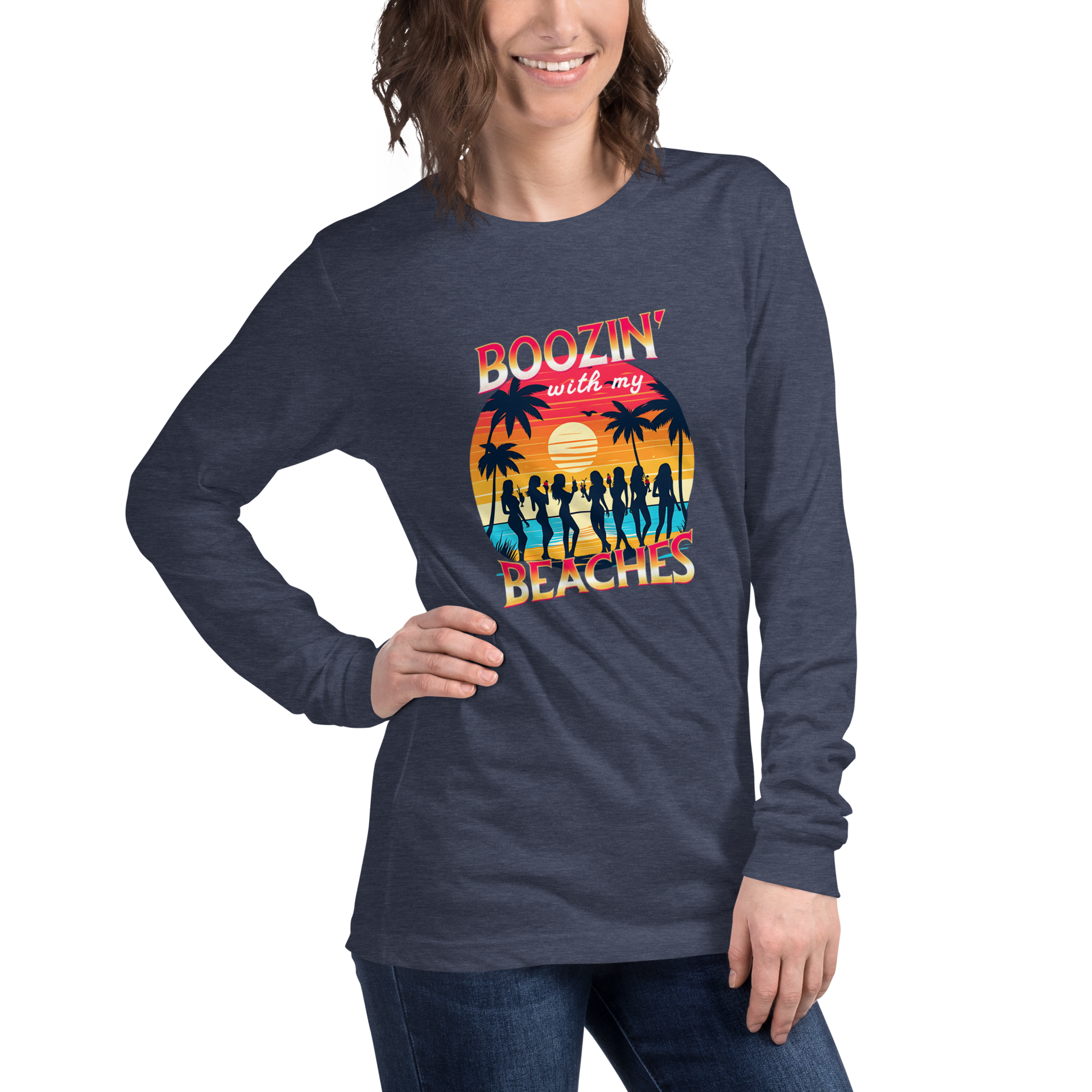 Silhouettes of women with cocktails on the beach, on 'Boozin' with My Beaches' long sleeve tee.