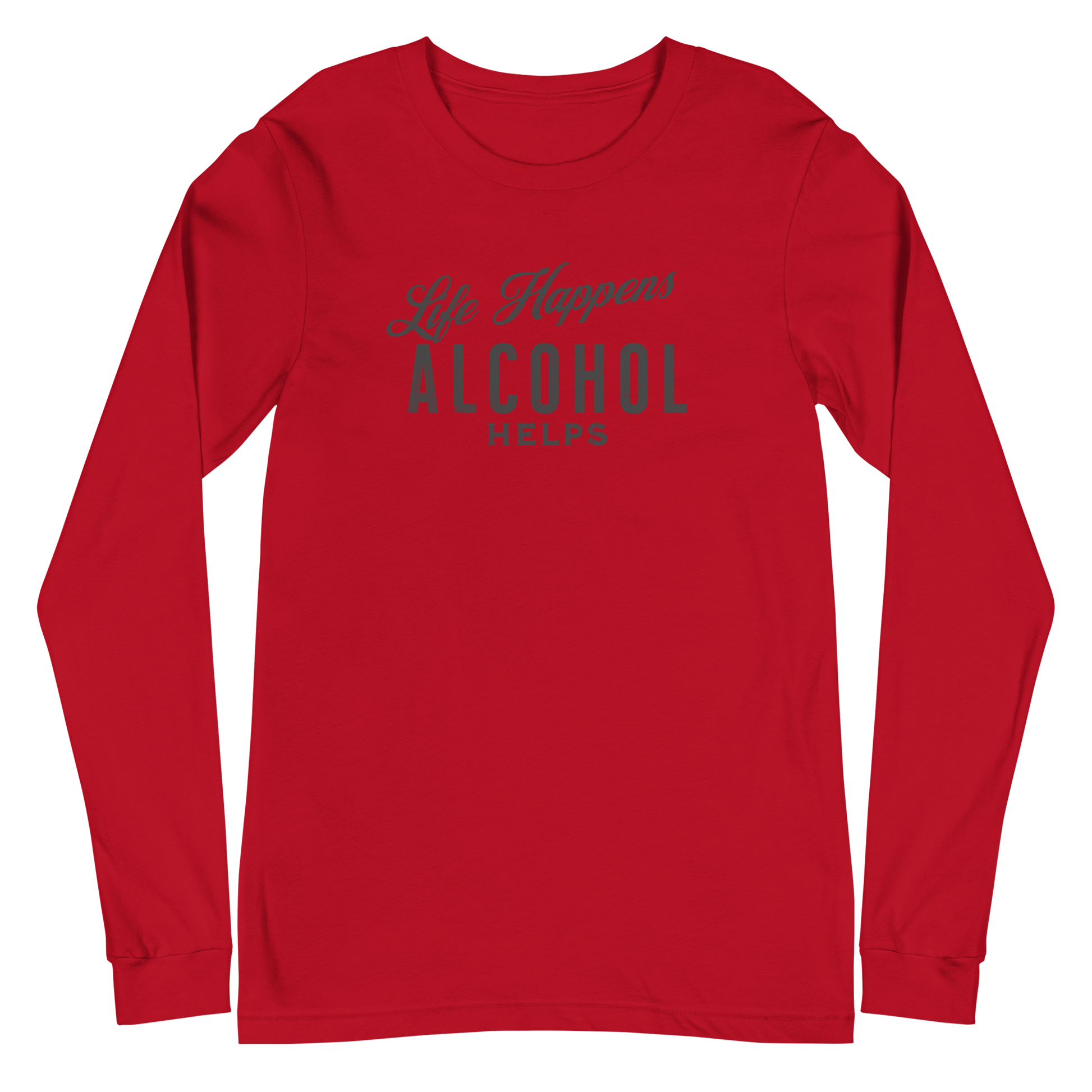 "Life Happens Alcohol Helps" Funny Long Sleeve Tee Elevate your style with our versatile & funny "Life Happens Alcohol Helps" Tee. Perfect with jeans or chinos for a laugh everywhere you go.