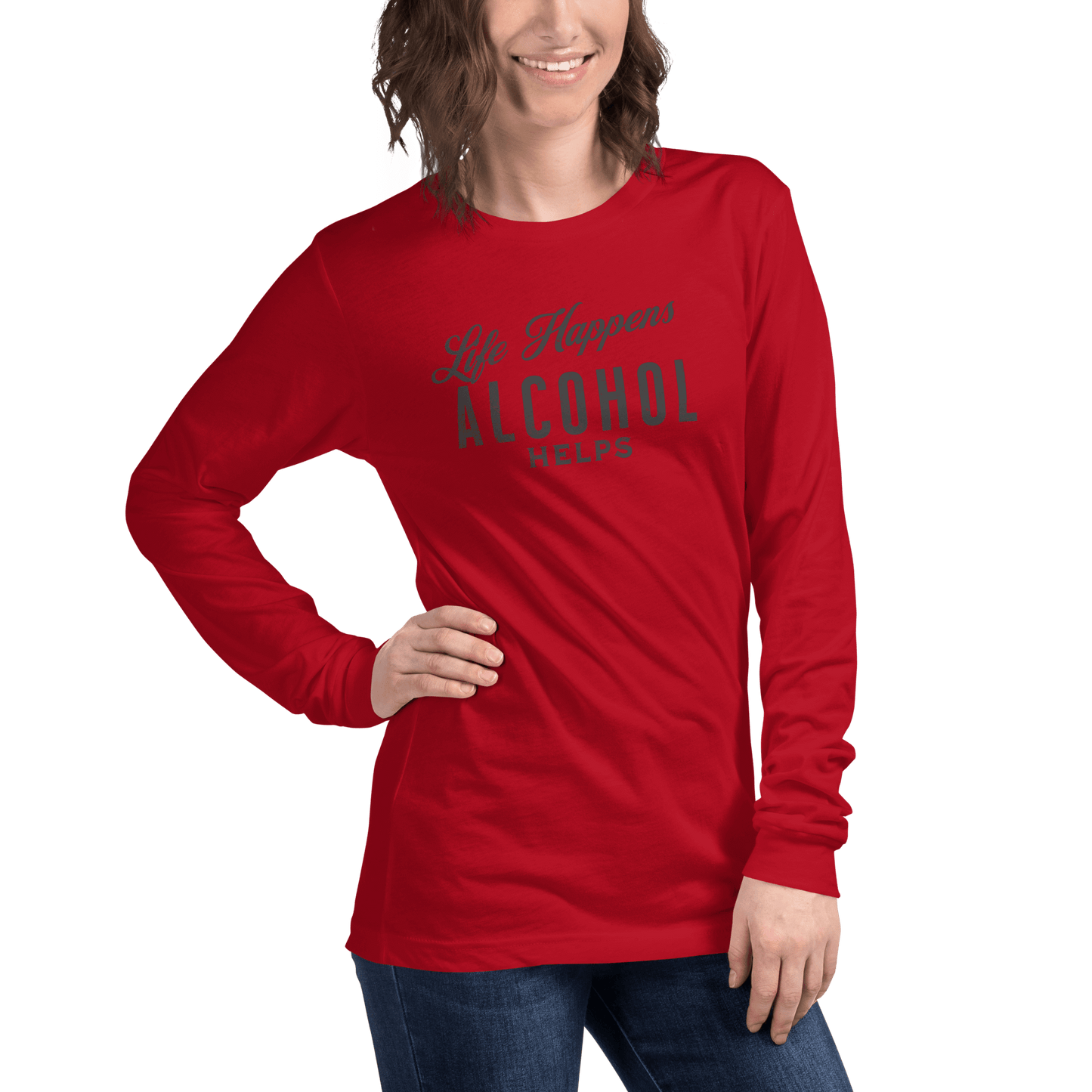 "Life Happens Alcohol Helps" Funny Long Sleeve Tee Elevate your style with our versatile & funny "Life Happens Alcohol Helps" Tee. Perfect with jeans or chinos for a laugh everywhere you go.