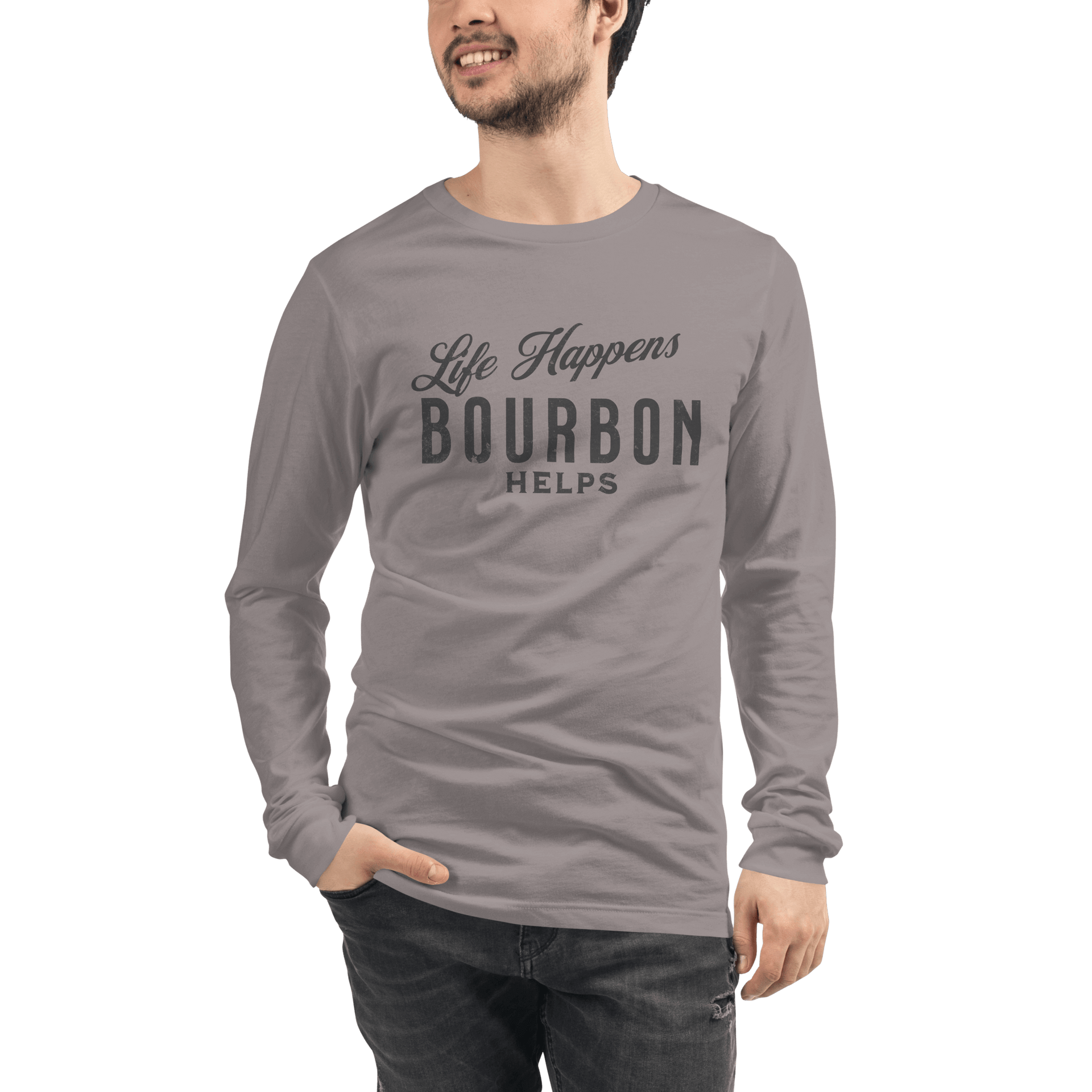 Life Happens Bourbon Helps Tee: Long Sleeve Versatility BOURBON,DRINKING,LONG SLEEVE TEE,MENS,New,UNISEX,WOMENS Dayzzed Apparel