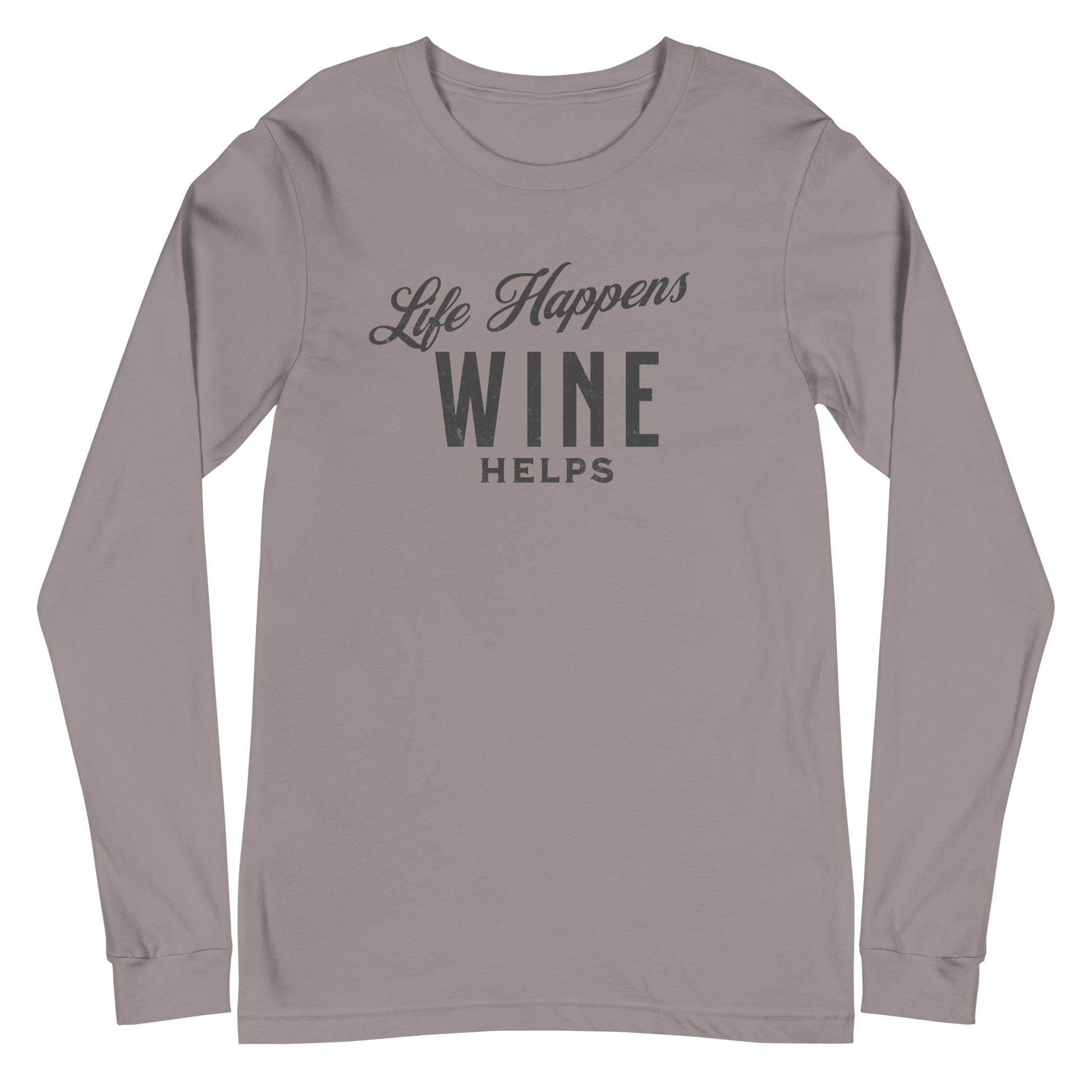Life Happens Wine Helps Tee - Funny Drinking ApparelAdd fun to your wardrobe with our Life Happens Wine Helps Long Sleeve Tee. Perfect for all occasions. Shop now for a touch of humor and style!