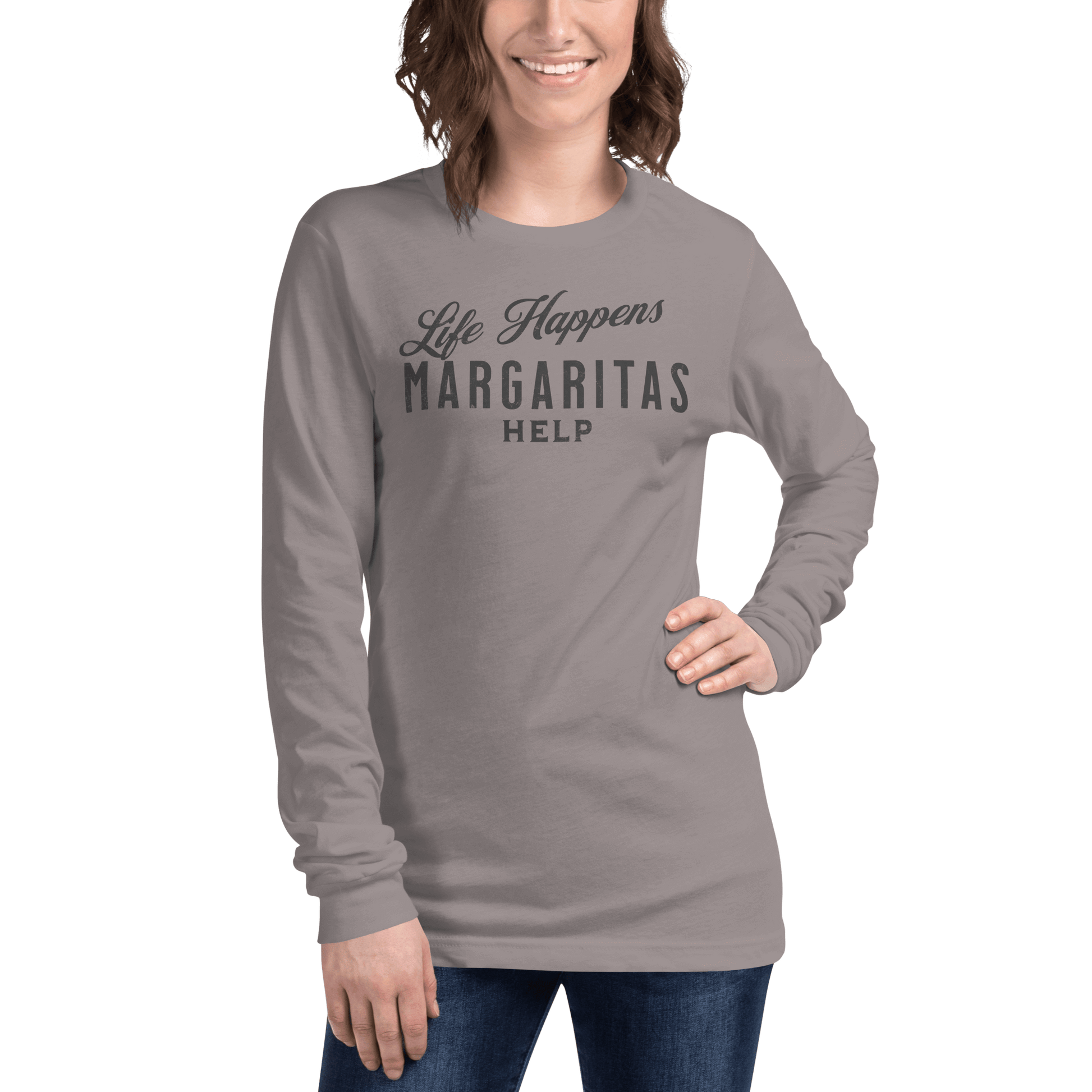 Life Happens Margaritas Help Tee | Versatile Long SleeveElevate any outfit with our Life Happens Margaritas Long Sleeve Tee. Perfect for casual outings. 100% cotton comfort.