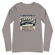 Long sleeve boating tee with 'Boats are like strippers, they work until you quit throwing $100 bills at them' phrase and peaceful lake scene