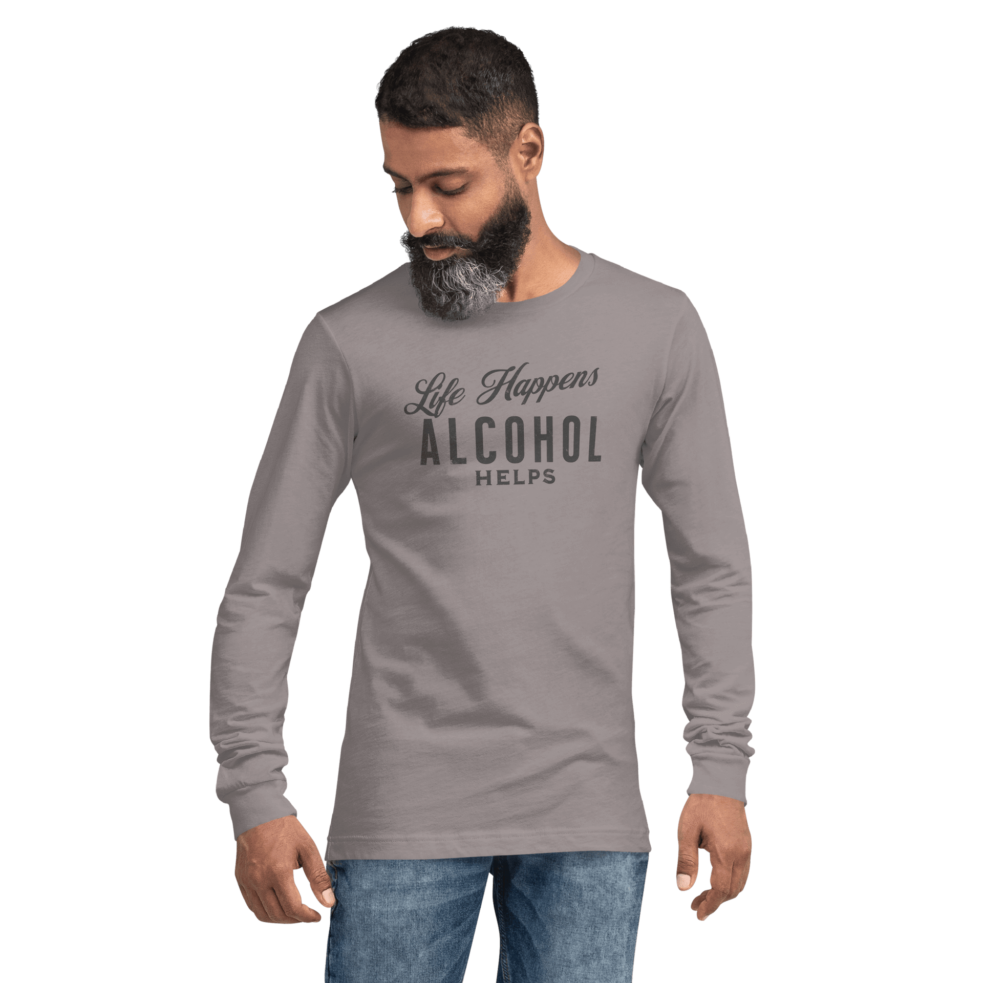 "Life Happens Alcohol Helps" Funny Long Sleeve Tee Elevate your style with our versatile & funny "Life Happens Alcohol Helps" Tee. Perfect with jeans or chinos for a laugh everywhere you go.