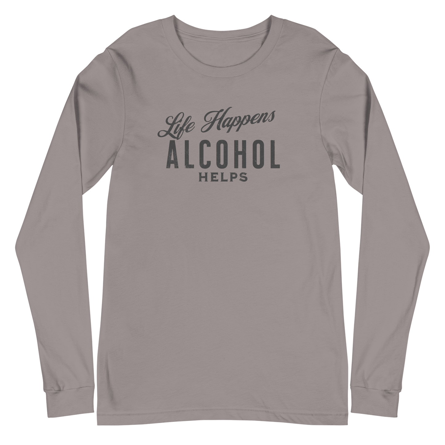 "Life Happens Alcohol Helps" Funny Long Sleeve Tee Elevate your style with our versatile & funny "Life Happens Alcohol Helps" Tee. Perfect with jeans or chinos for a laugh everywhere you go.