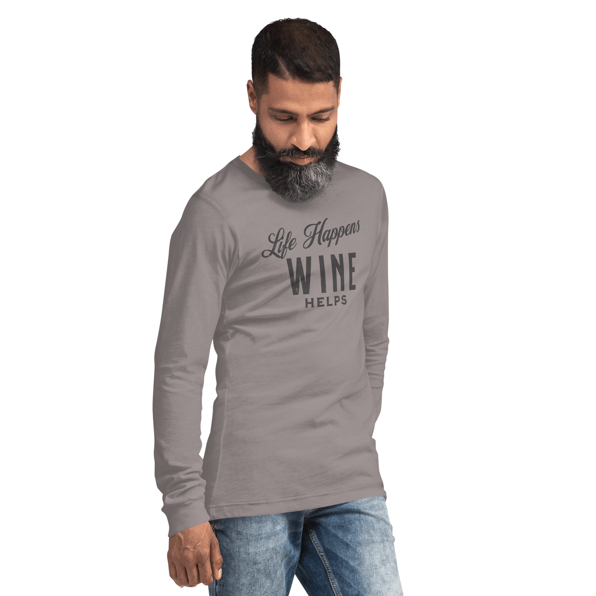 Life Happens Wine Helps Tee - Funny Drinking ApparelAdd fun to your wardrobe with our Life Happens Wine Helps Long Sleeve Tee. Perfect for all occasions. Shop now for a touch of humor and style!