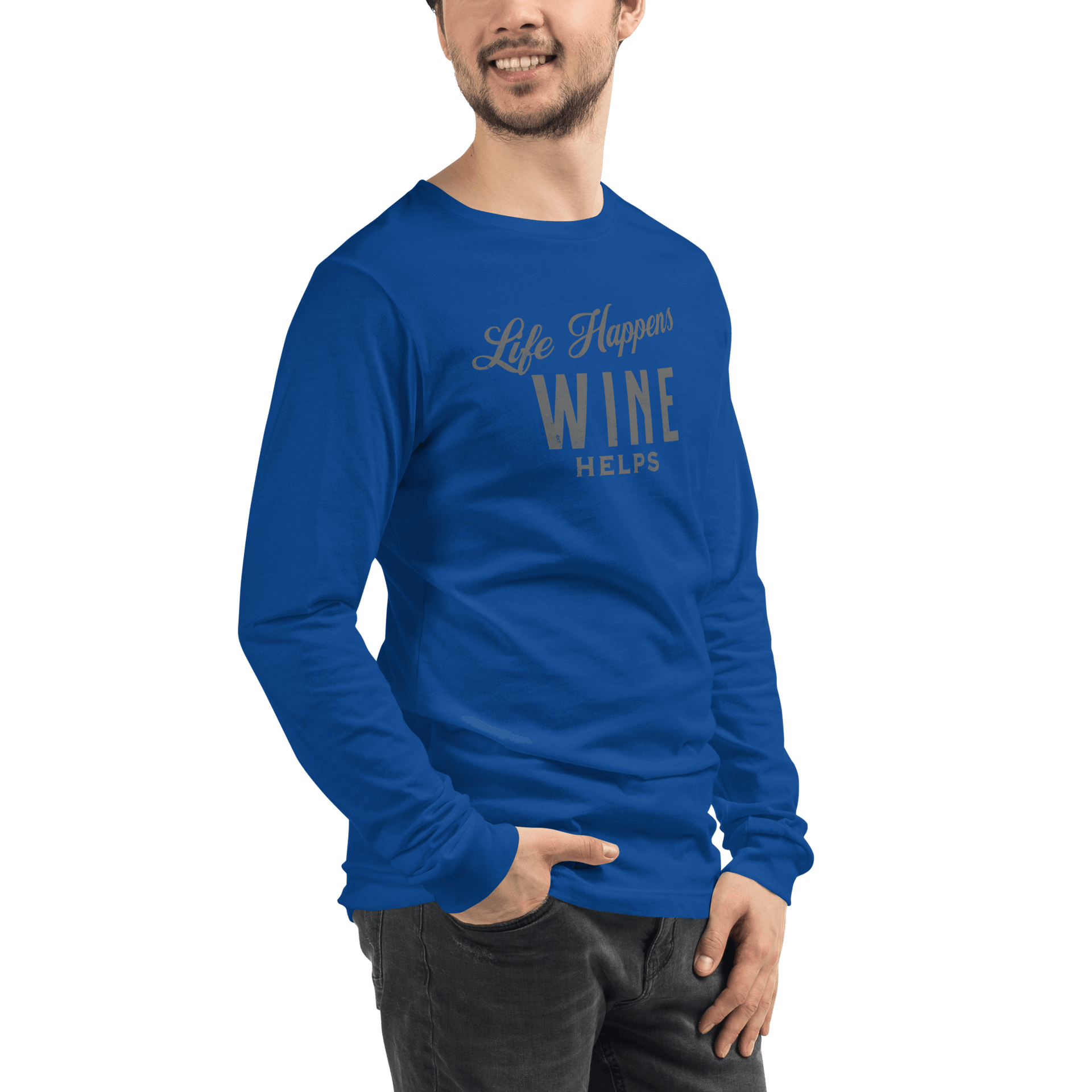 Life Happens Wine Helps Tee - Funny Drinking ApparelAdd fun to your wardrobe with our Life Happens Wine Helps Long Sleeve Tee. Perfect for all occasions. Shop now for a touch of humor and style!