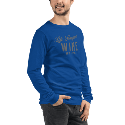 Life Happens Wine Helps Tee - Funny Drinking ApparelAdd fun to your wardrobe with our Life Happens Wine Helps Long Sleeve Tee. Perfect for all occasions. Shop now for a touch of humor and style!