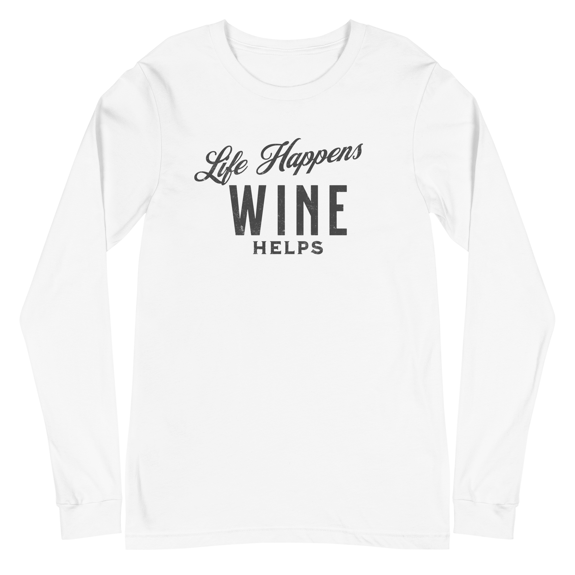 Life Happens Wine Helps Tee - Funny Drinking ApparelAdd fun to your wardrobe with our Life Happens Wine Helps Long Sleeve Tee. Perfect for all occasions. Shop now for a touch of humor and style!