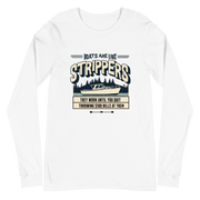 Long sleeve boating tee with 'Boats are like strippers, they work until you quit throwing $100 bills at them' phrase and peaceful lake scene