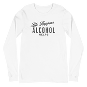 "Life Happens Alcohol Helps" Funny Long Sleeve Tee Elevate your style with our versatile & funny "Life Happens Alcohol Helps" Tee. Perfect with jeans or chinos for a laugh everywhere you go.