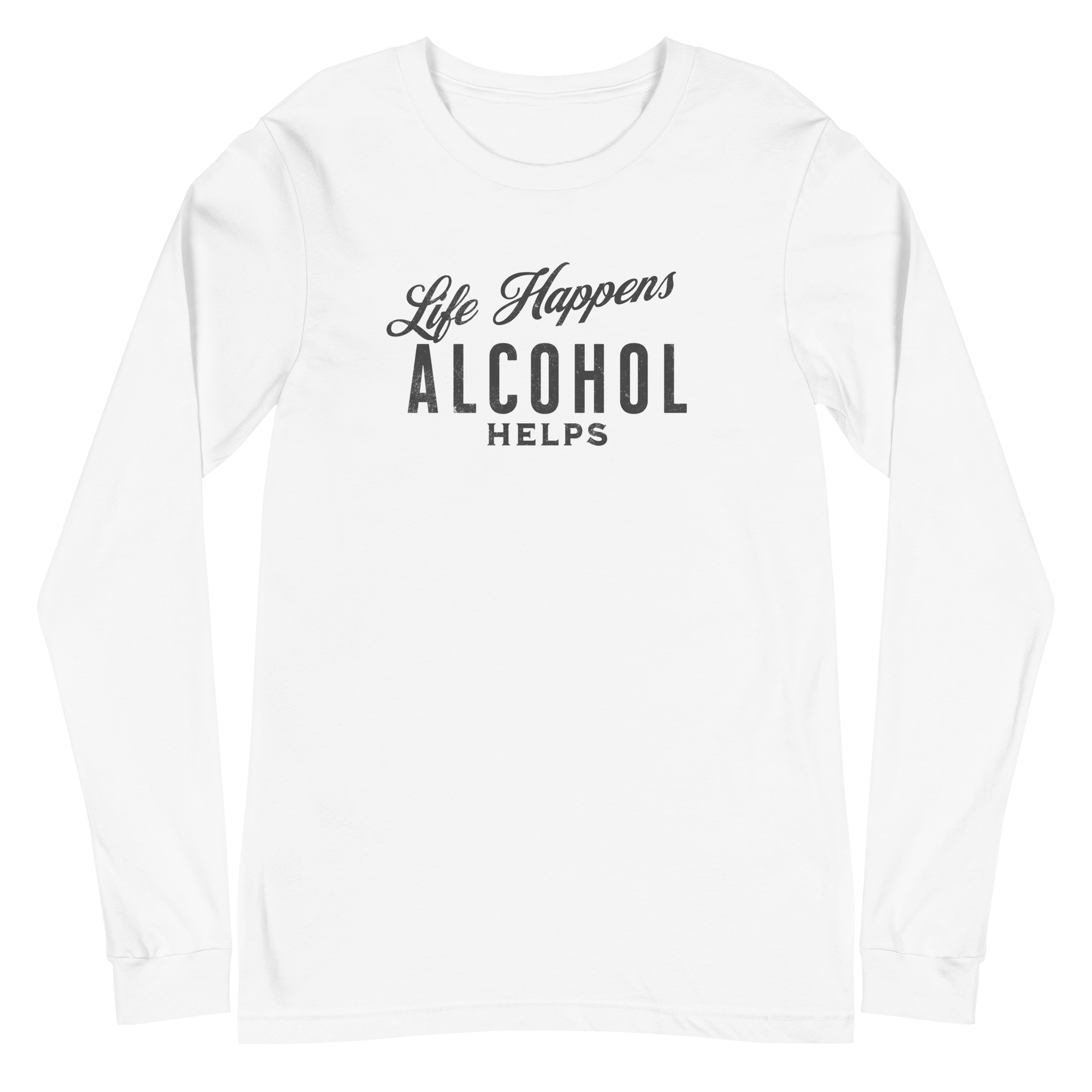 "Life Happens Alcohol Helps" Funny Long Sleeve Tee Elevate your style with our versatile & funny "Life Happens Alcohol Helps" Tee. Perfect with jeans or chinos for a laugh everywhere you go.