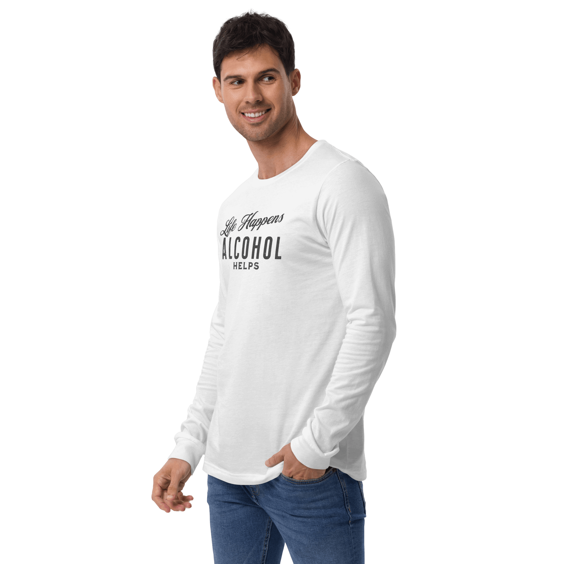 "Life Happens Alcohol Helps" Funny Long Sleeve Tee Elevate your style with our versatile & funny "Life Happens Alcohol Helps" Tee. Perfect with jeans or chinos for a laugh everywhere you go.