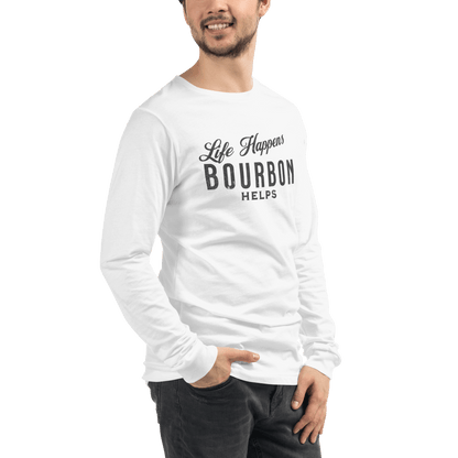 Life Happens Bourbon Helps Tee: Long Sleeve Versatility BOURBON,DRINKING,LONG SLEEVE TEE,MENS,New,UNISEX,WOMENS Dayzzed Apparel