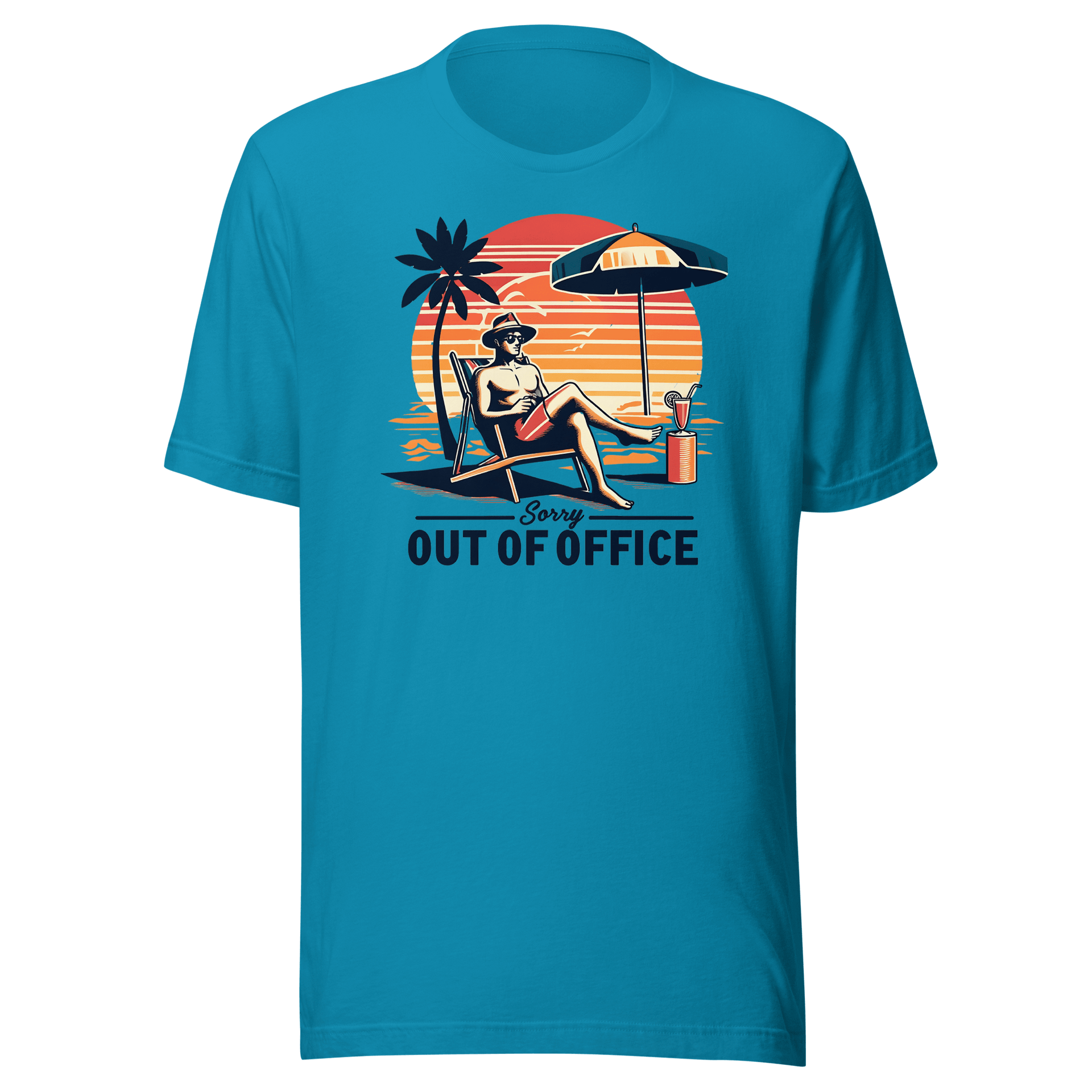 Man lounging in a beach chair with a cocktail, wearing our 'Sorry, Out of Office' vintage tee against a retro sunset backdrop.