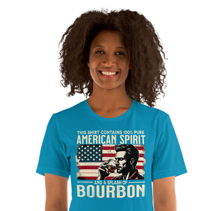Tee with 'This Shirt Contains 100% American Spirit and a Splash of Bourbon' text, man drinking a glass of bourbon, and distressed American flag background