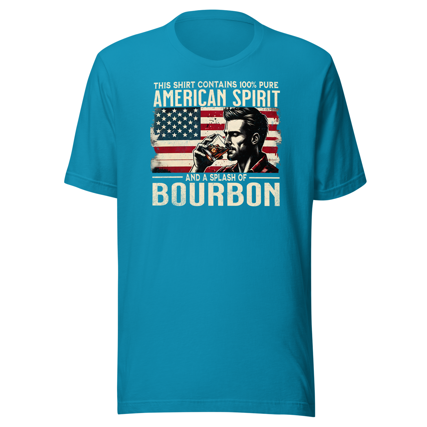 Tee with 'This Shirt Contains 100% American Spirit and a Splash of Bourbon' text, man drinking a glass of bourbon, and distressed American flag background