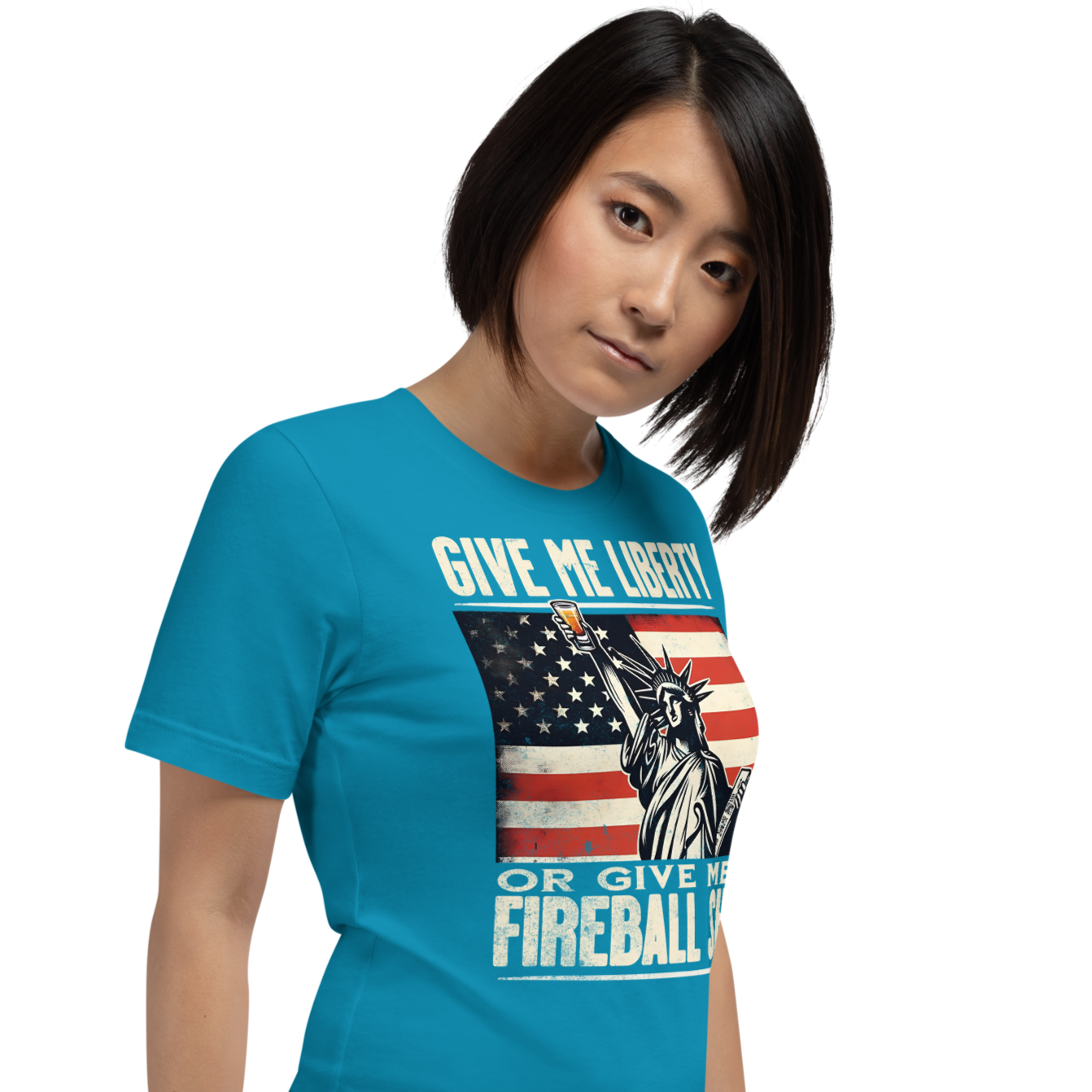 T-shirt with 'Give Me Liberty or Give Me a Fireball Shot' text, Statue of Liberty holding a shot glass, and distressed American flag background.