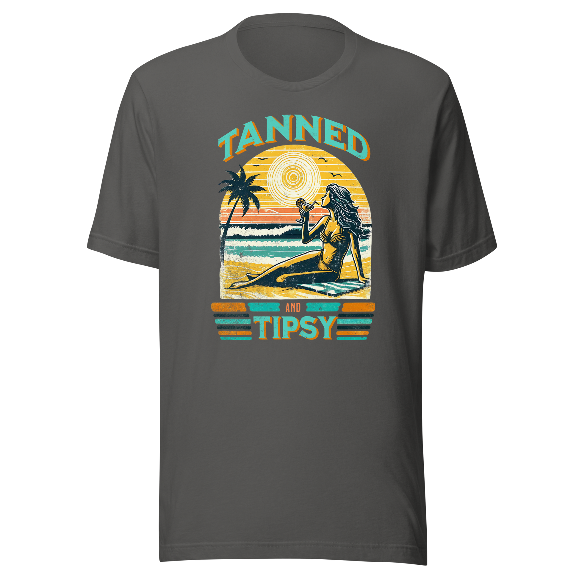 Vintage-inspired 'Tanned and Tipsy' tee with a woman sipping a cocktail on a beach at sunset, perfect for beach drinking and summer parties.